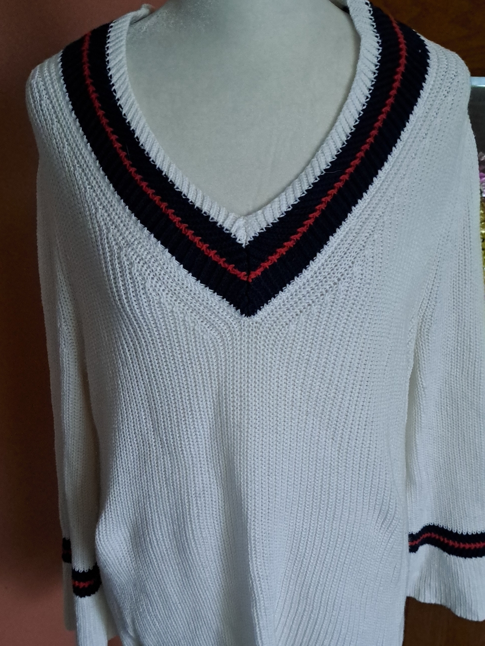 CAbi Cream V-Neck Knit Sweater with Navy and Red Trim